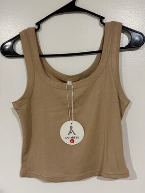 ANRABESS Women's Ribbed Tank Crop Top in Tan